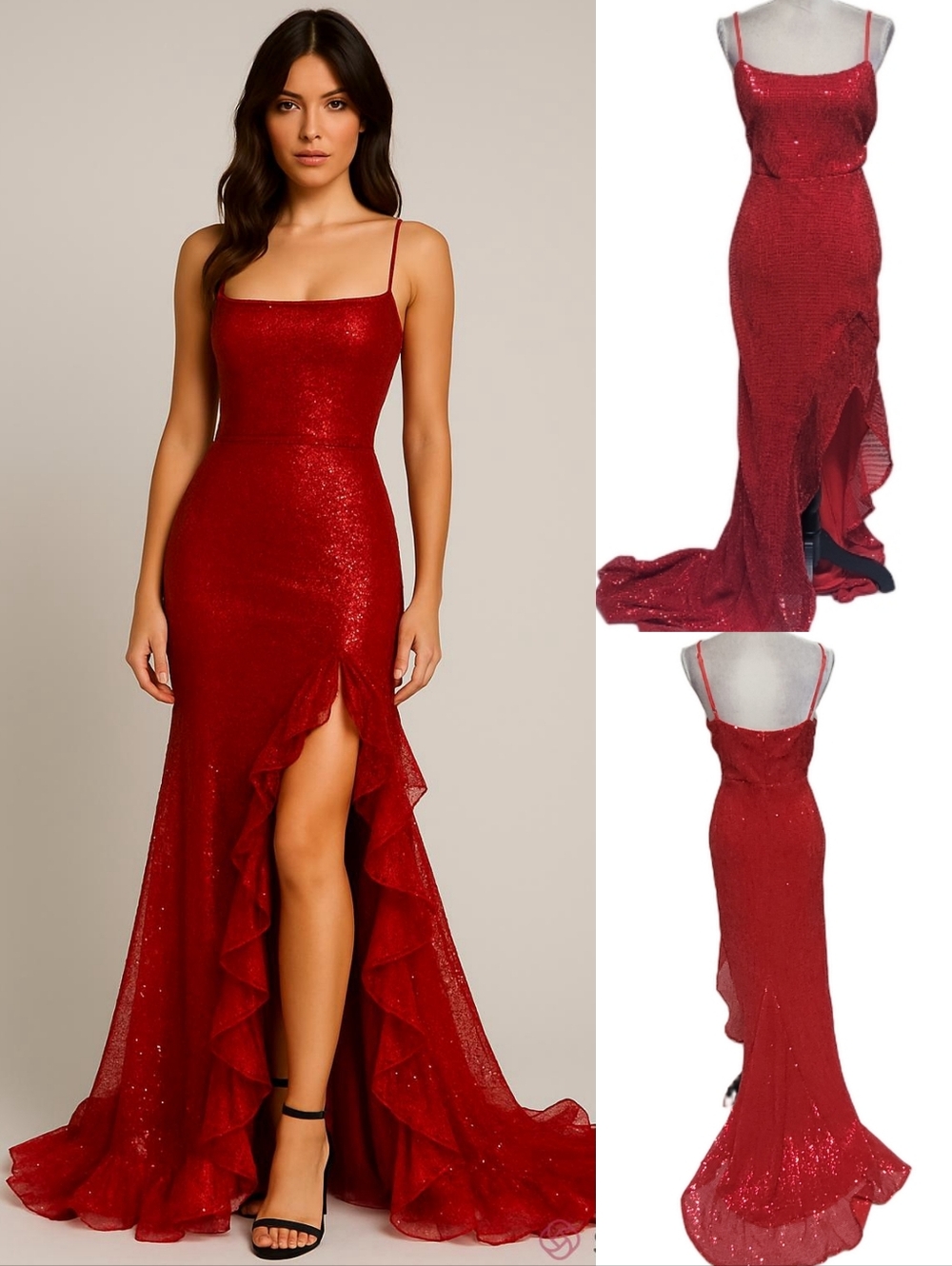 Miss Ord Red Sequin High-Low Thigh-high Slit Maxi Mermaid Formal Dress